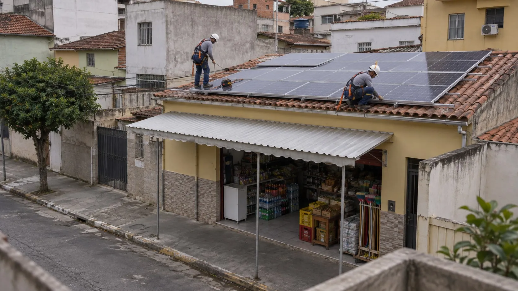 Placas solares no telhado de um pequeno comércio no Rio de Janeiro.