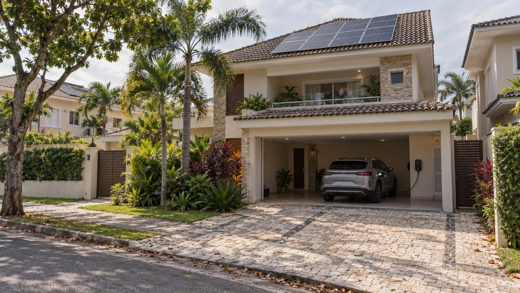 Carro elétrico conectado a um carregador de parede em uma garagem carioca com placas solares no telhado.