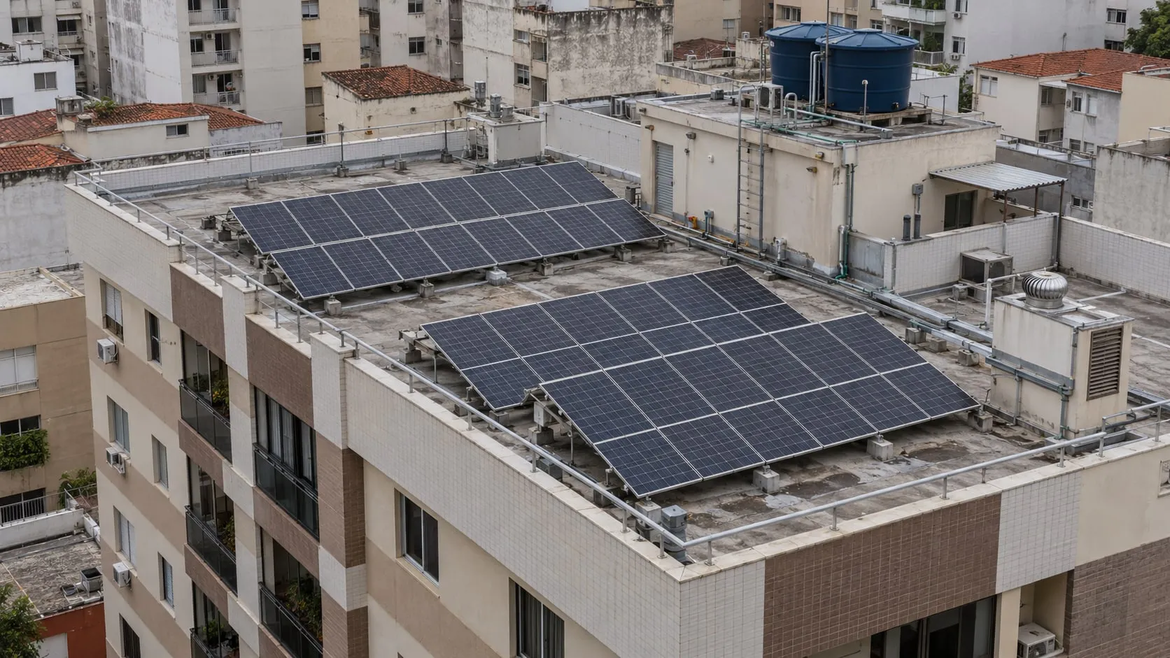 Cobertura de prédio residencial com placas solares e edifícios do Rio de Janeiro ao redor.