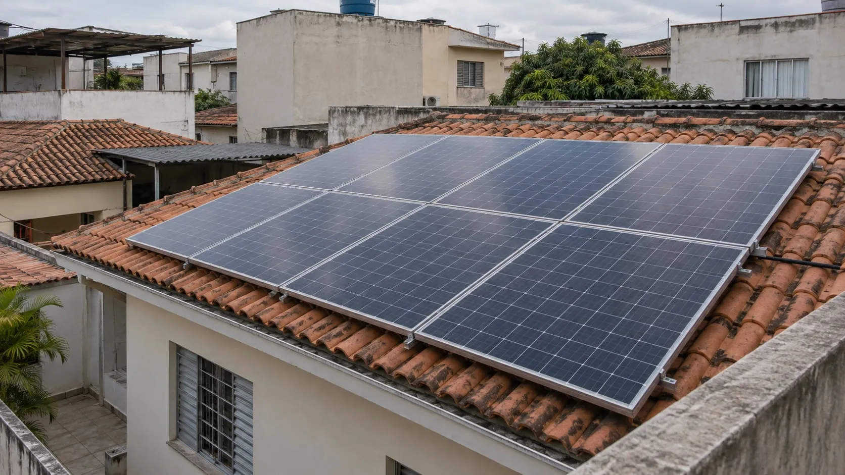 Sistema solar instalado sobre o telhado de uma casa no Rio de Janeiro.