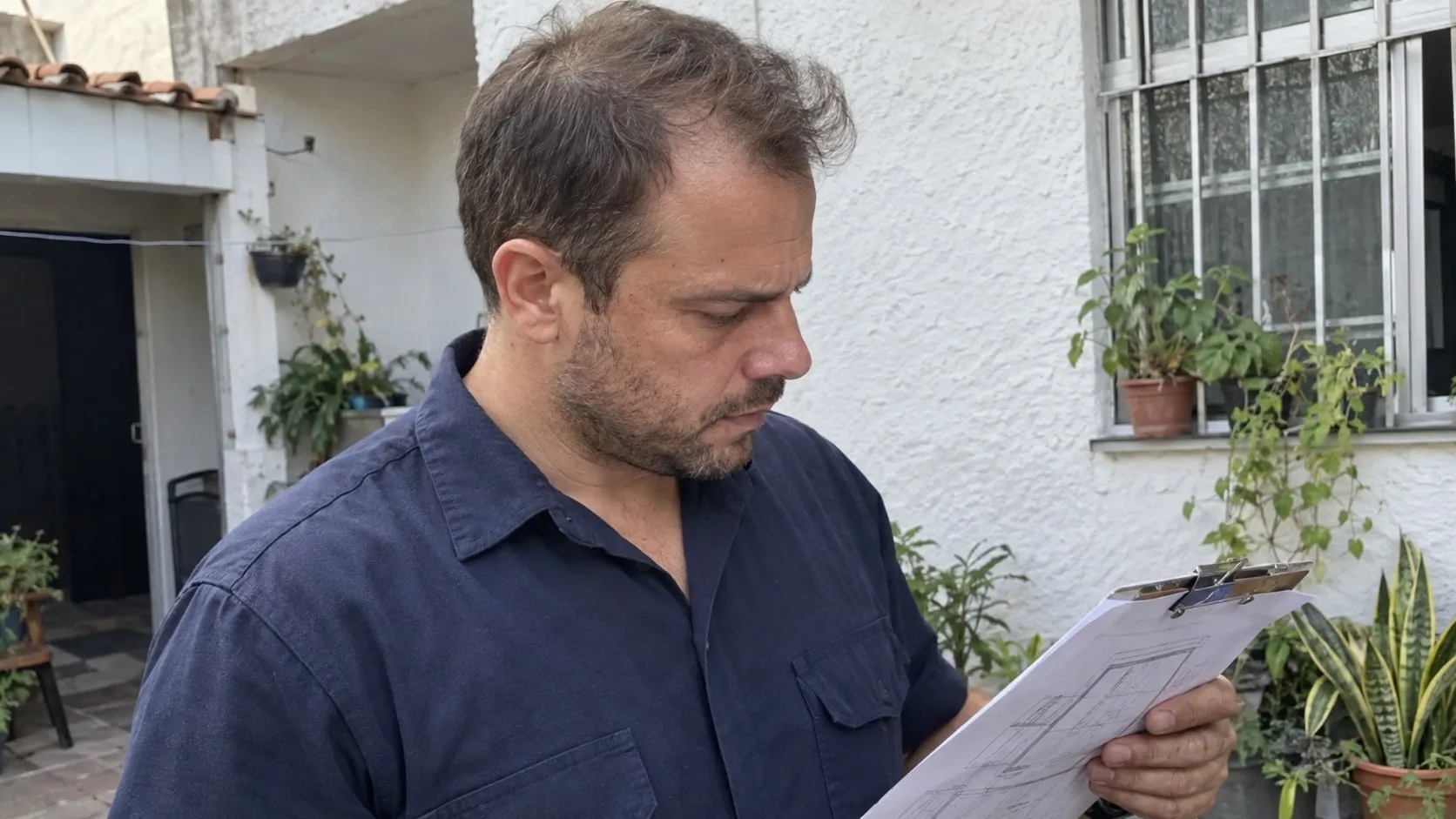 Rafael conferindo um desenho técnico durante a avaliação de um imóvel.