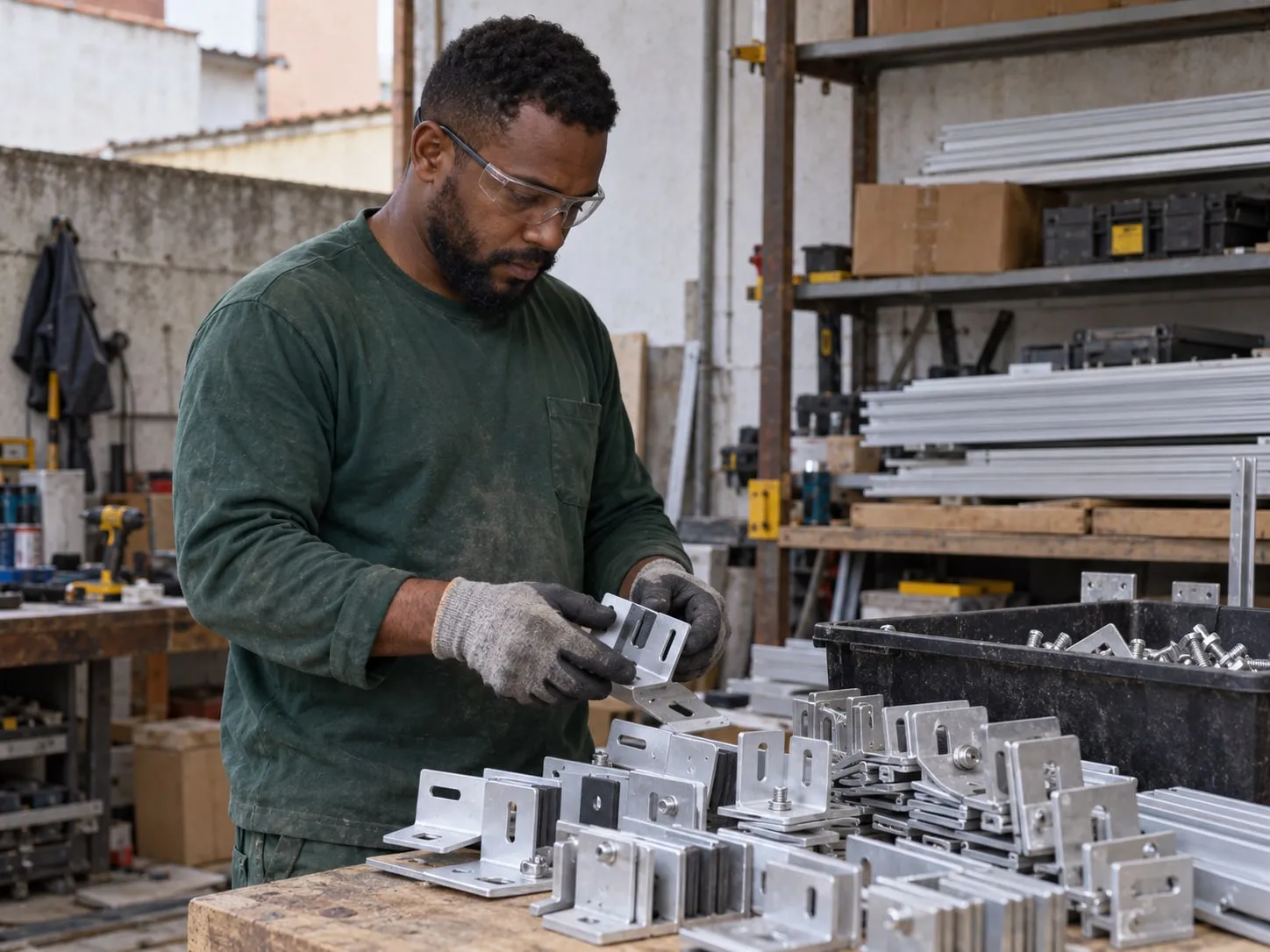 Diego preparando materiais de fixação na bancada da equipe.