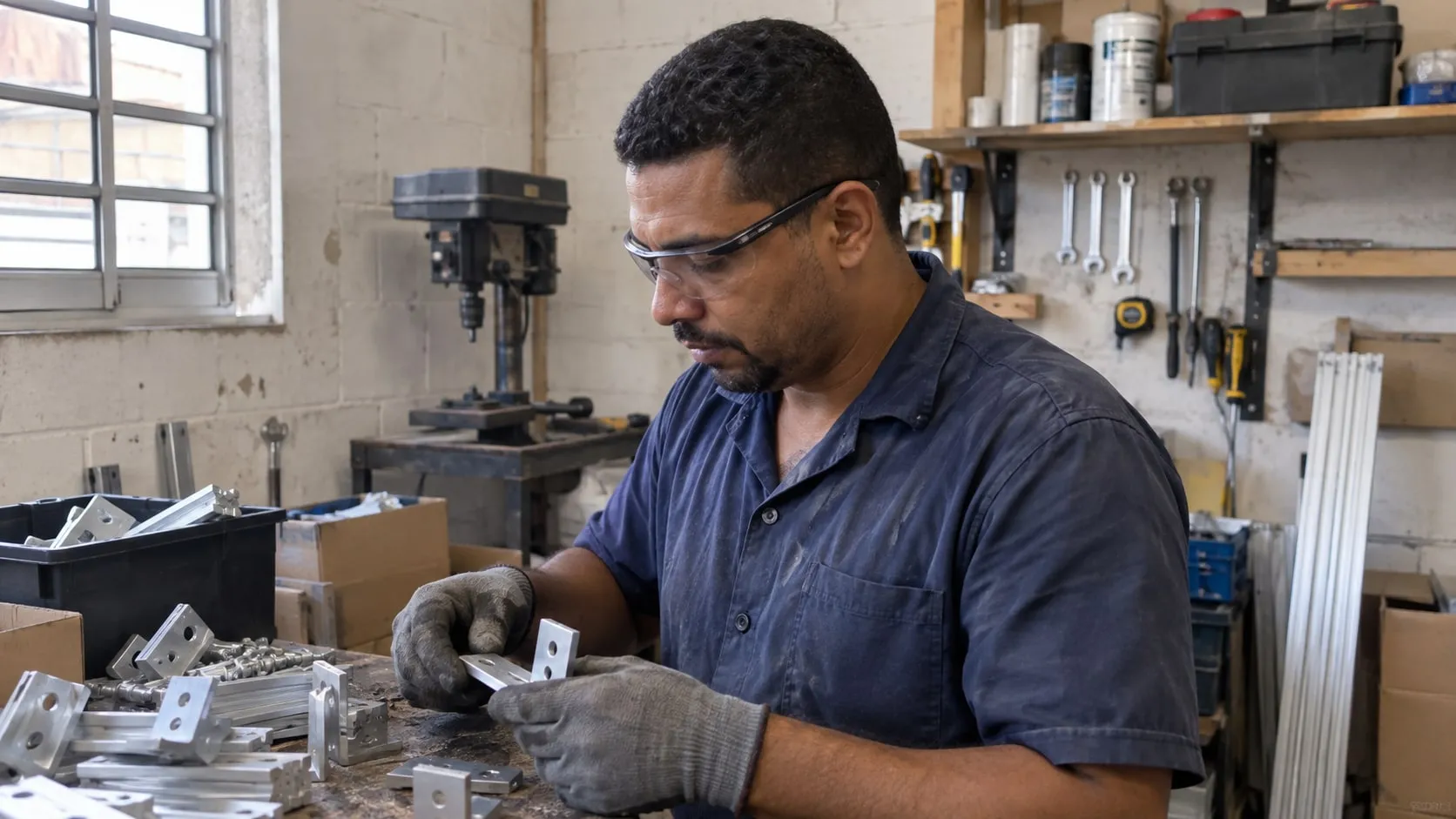 Diego preparando materiais de fixação na bancada da equipe.