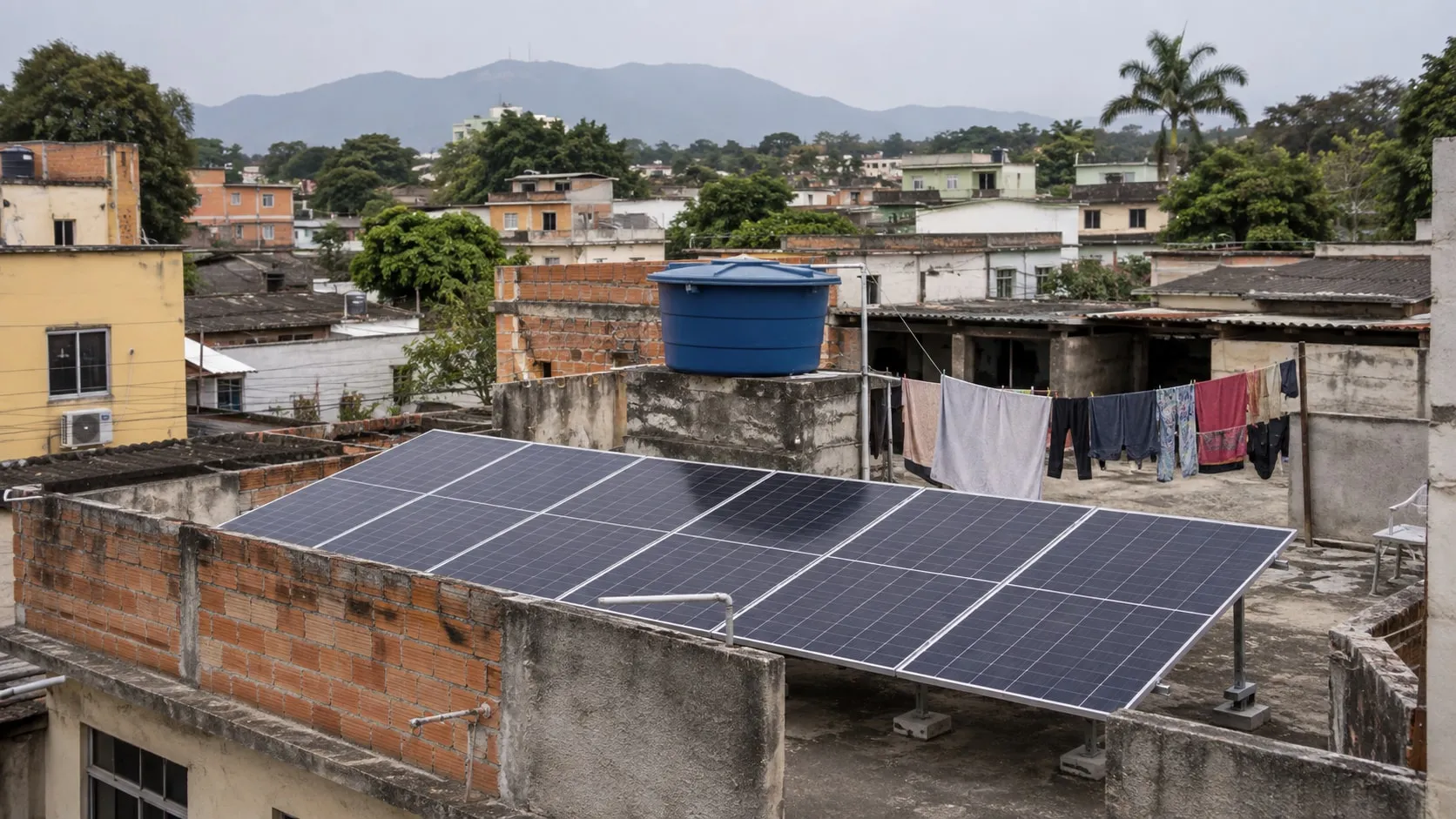 Laje com placas solares, caixa d’água azul, varal e tijolos aparentes entre casas do subúrbio carioca.