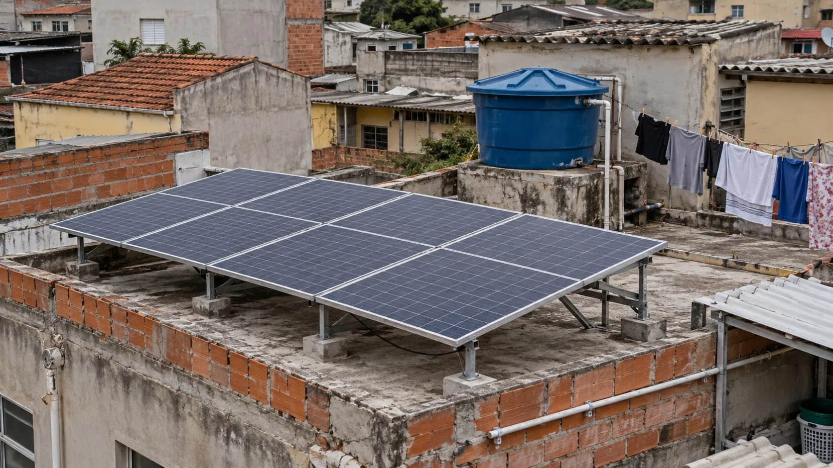 Laje residencial com placas solares, caixa d’água e varal no Rio de Janeiro.