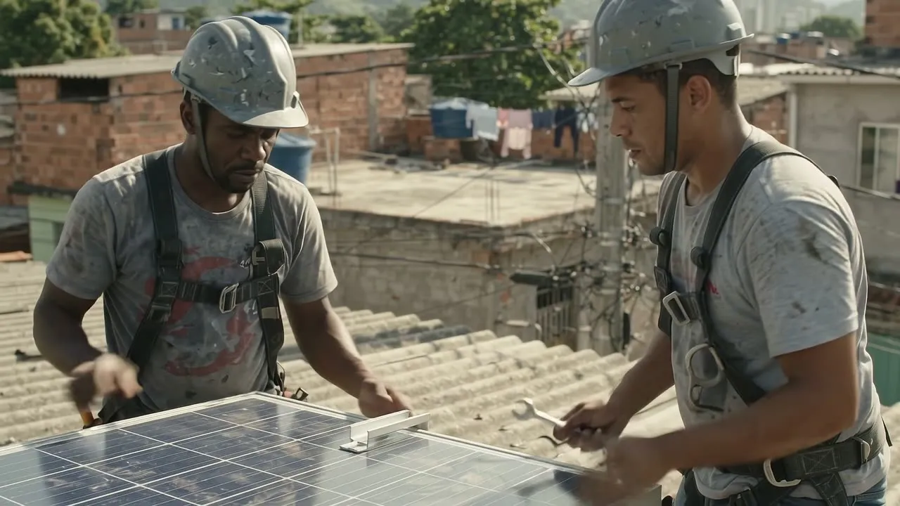 Dois instaladores com capacetes e equipamentos de proteção trabalhando em um telhado com placas solares.