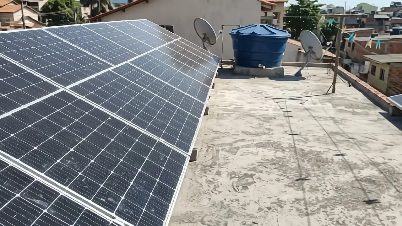 Luz do sol refletida nas células de placas solares sobre um telhado.